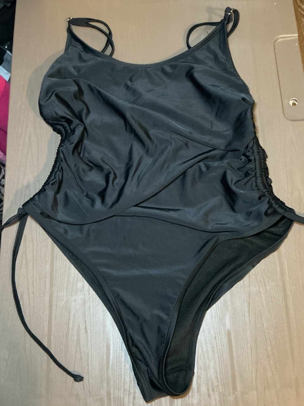 Black One-Piece Ruched Side Swimsuit - Picture 2 of 9